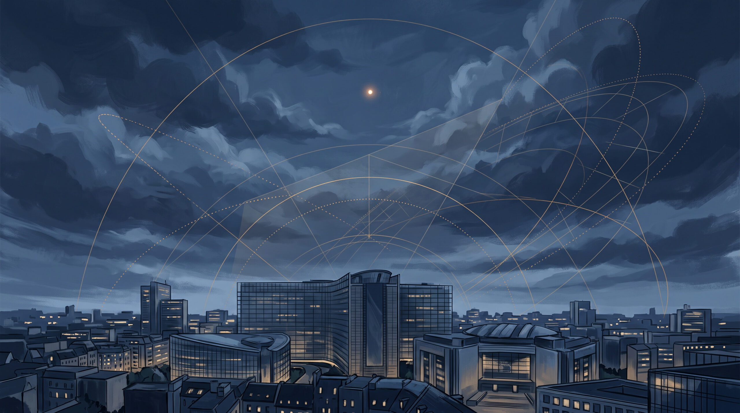 Conceptual view of Brussels beneath orbital tracking arcs and an unidentified light in the sky